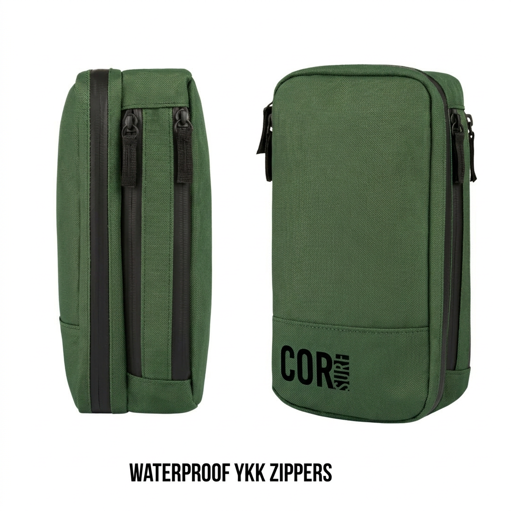 Front and side views of the green toiletry bag, showing its two zipper tracks.